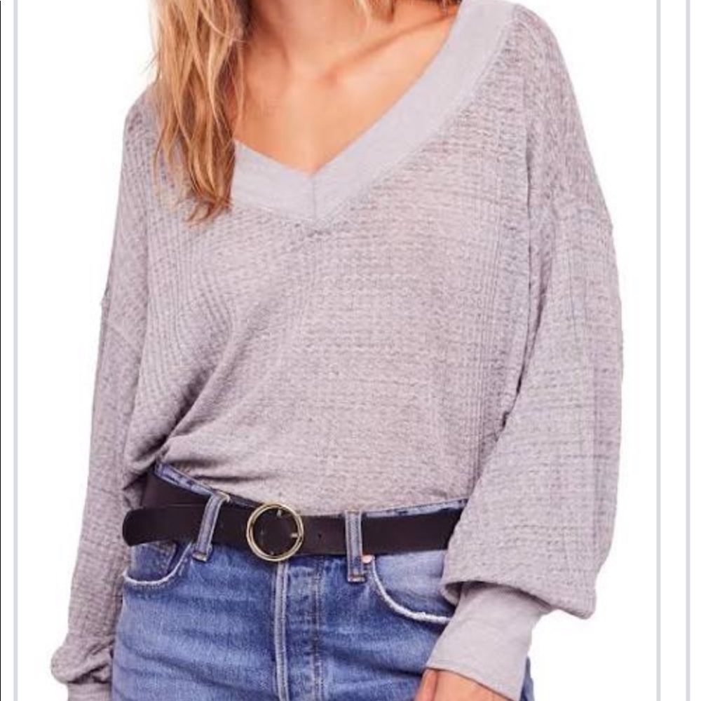 free people grey waffle short puff sleeves